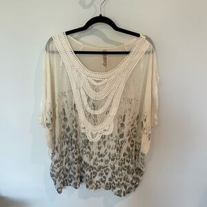 Free People Cream Leopard Crochet Detail Blouse